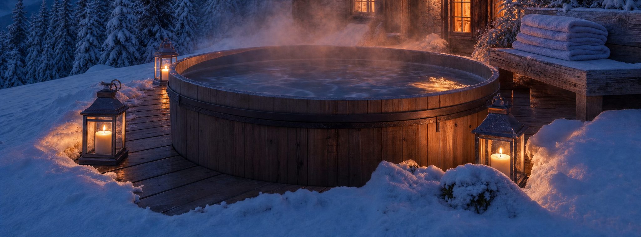 Le bain nordique fumant sur la terrasse enneigée, lanternes allumées