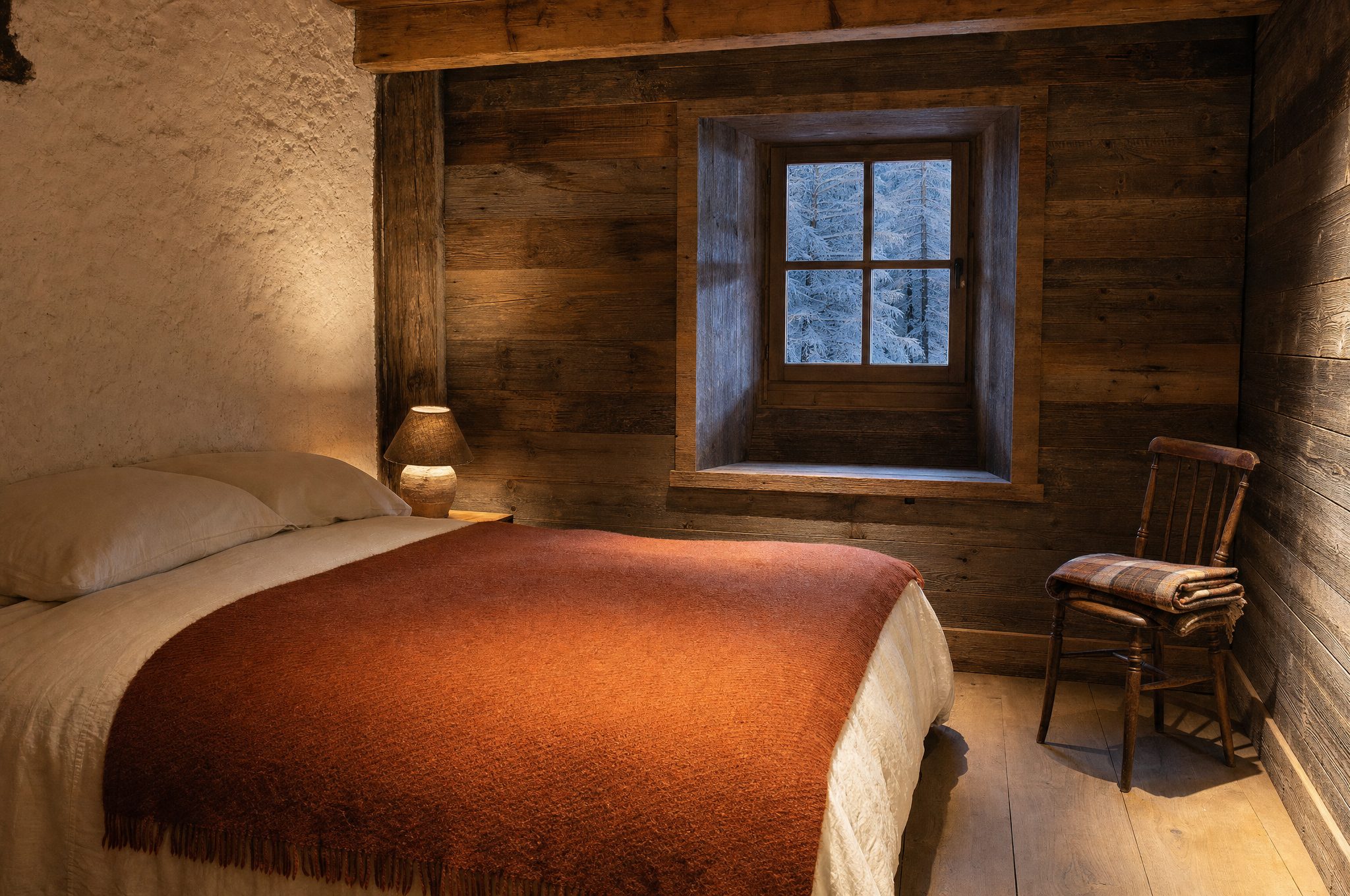 La chambre du Dru : couverture rouille, fenêtre profonde sur la forêt enneigée