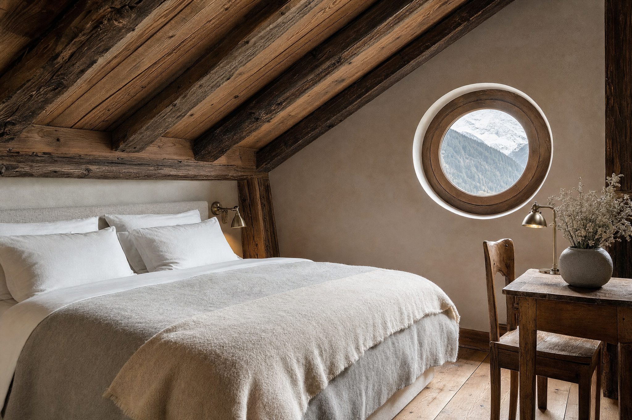 La chambre des Mélèzes : lit sous la pente du toit, œil-de-bœuf sur la forêt