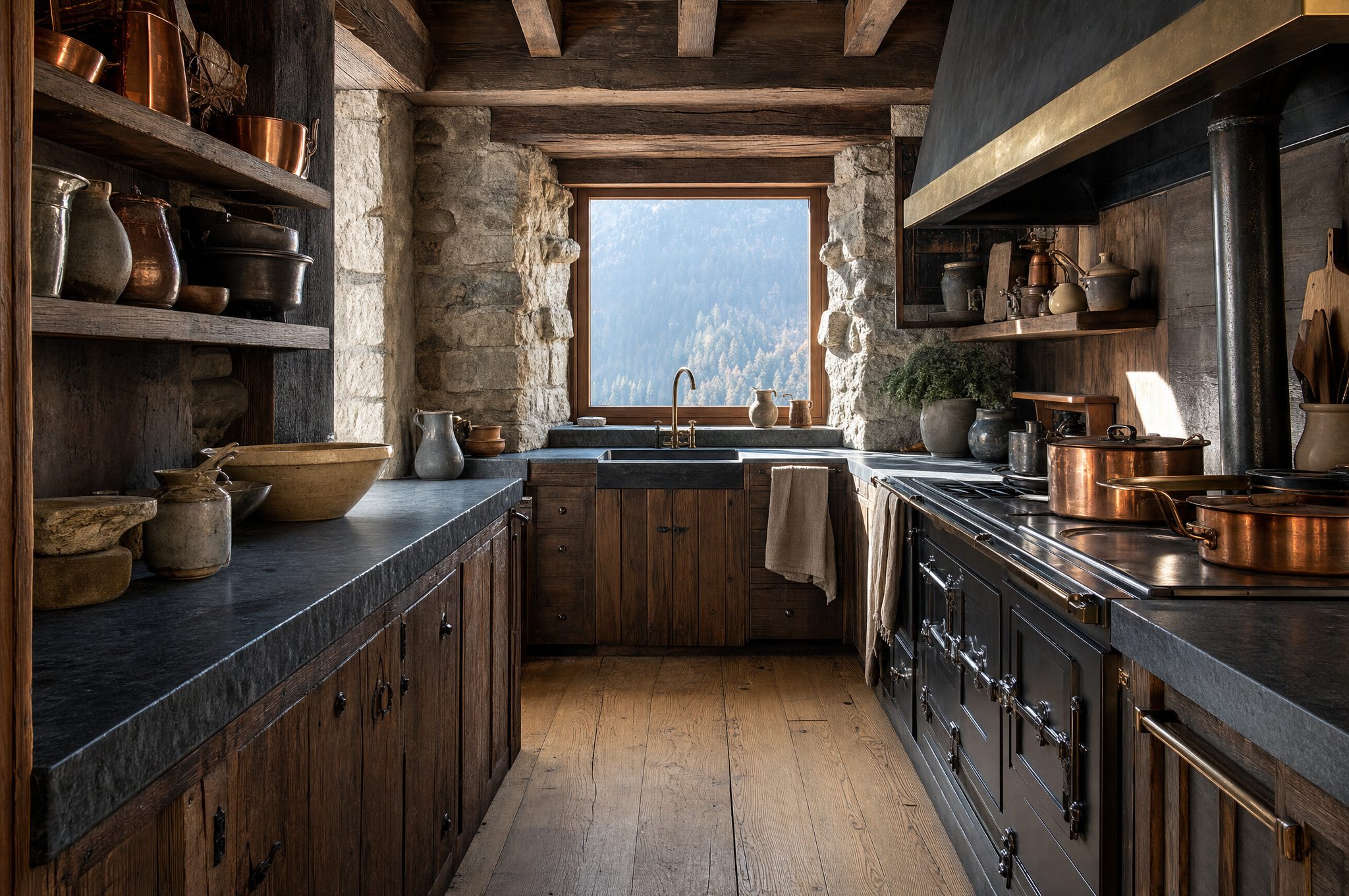 La cuisine : piano de cuisson, plans en pierre bleue, vieux bois et cuivres