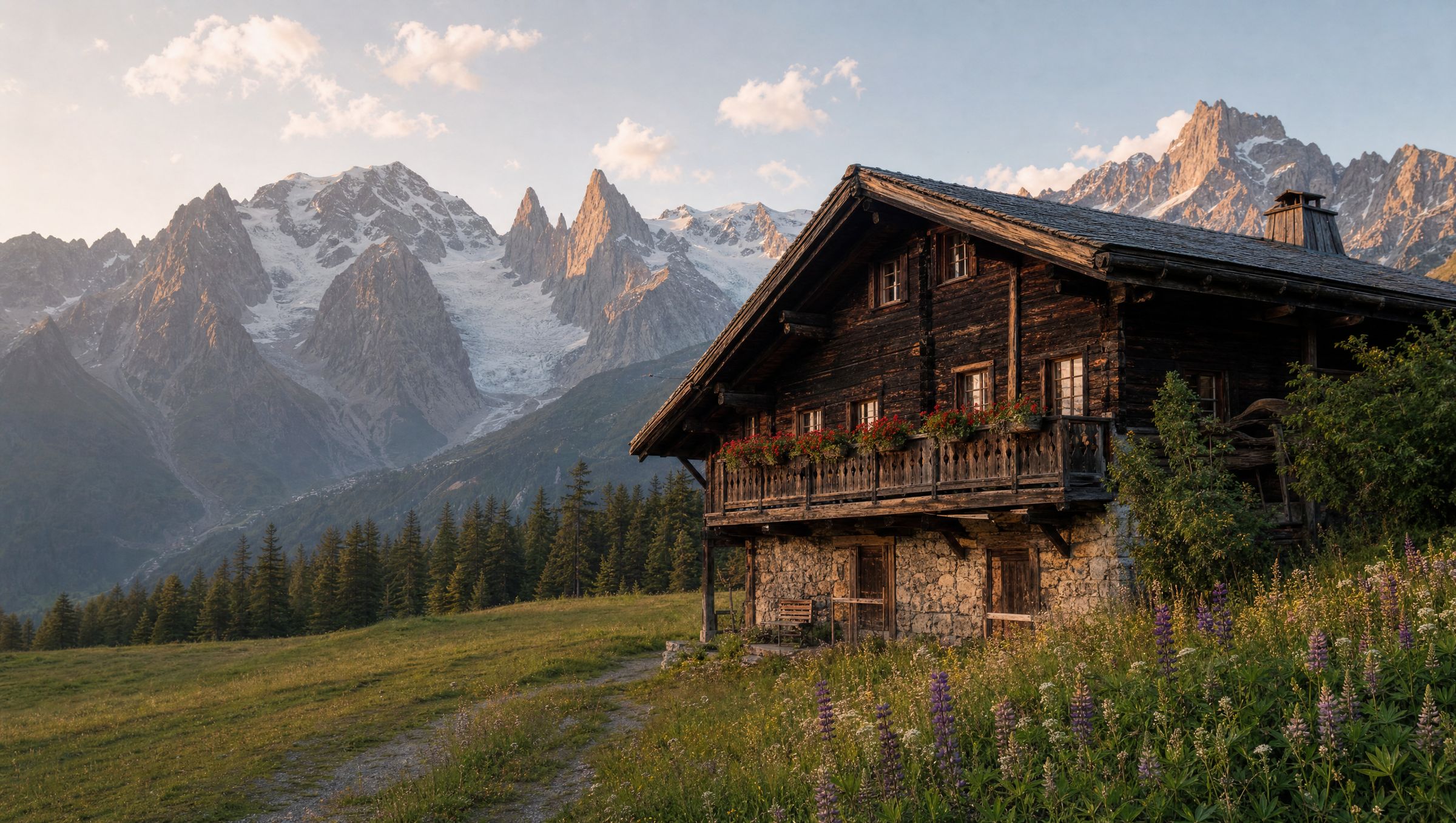 Le Chalet Bellachat un soir d'été, prairie fleurie et massif du Mont-Blanc
