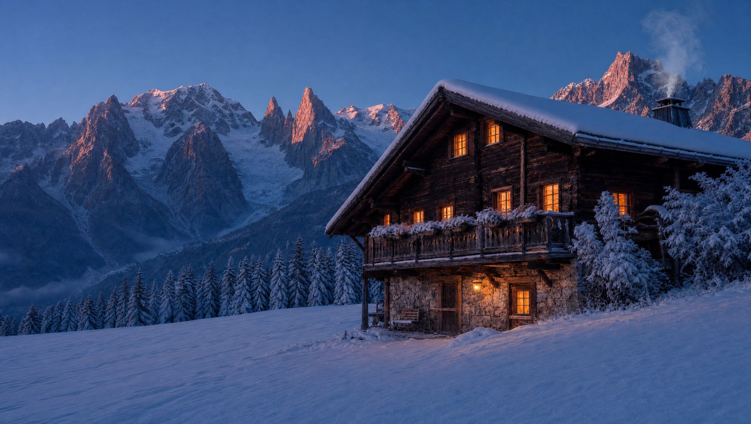 Le Chalet Bellachat sous la neige à la tombée du jour, fenêtres éclairées, massif du Mont-Blanc