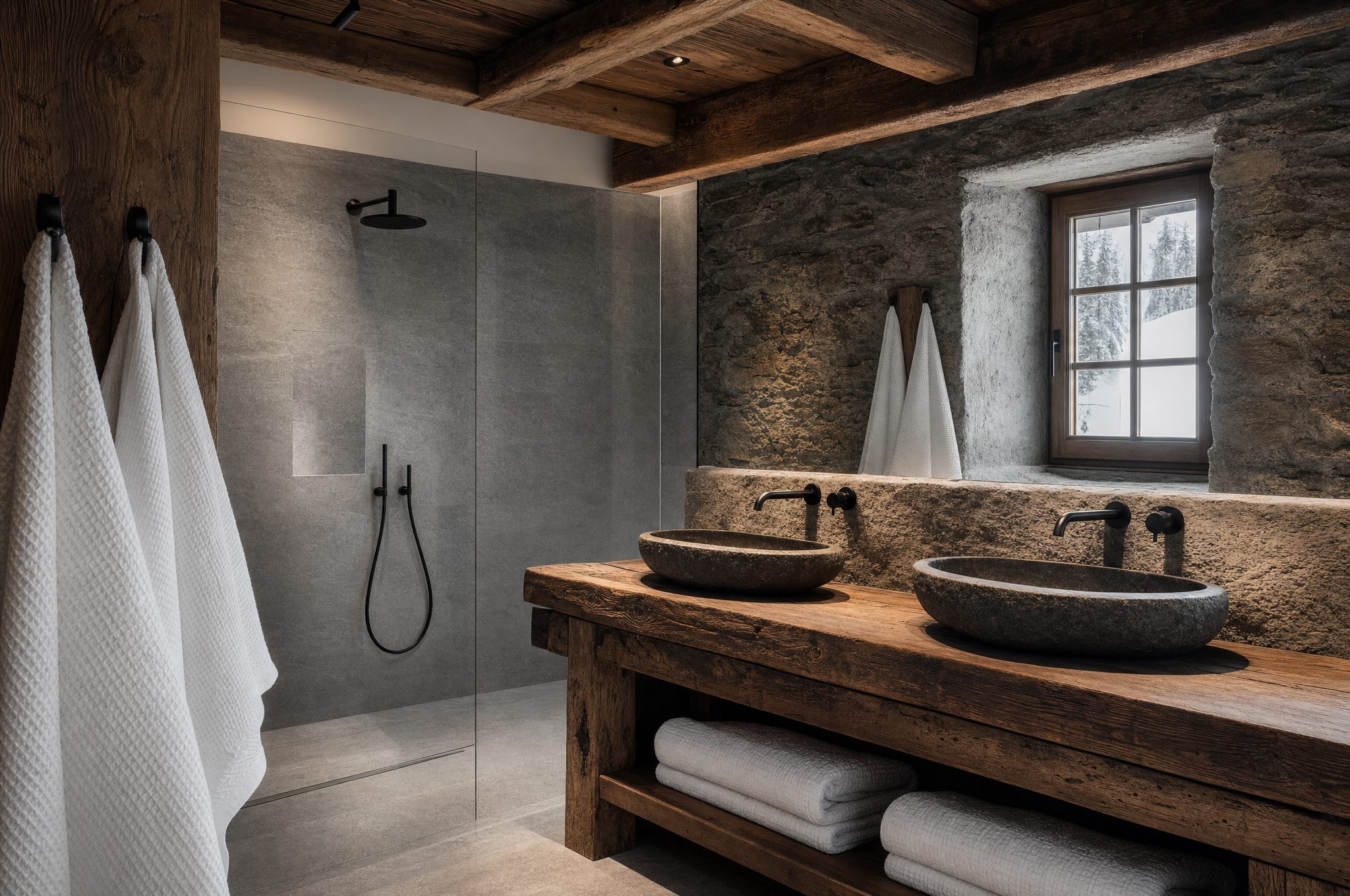 Salle de bains : douche en granit, double vasque de pierre sur vieux mélèze