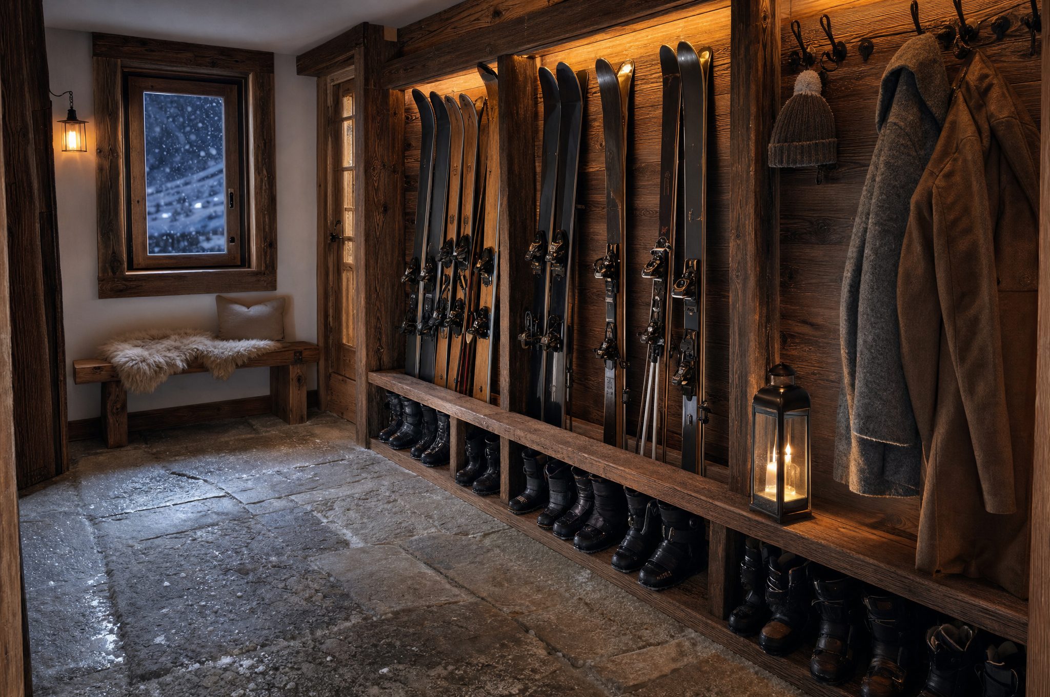 Le local à skis chauffé : râteliers de mélèze, sèche-chaussures, sol de pierre