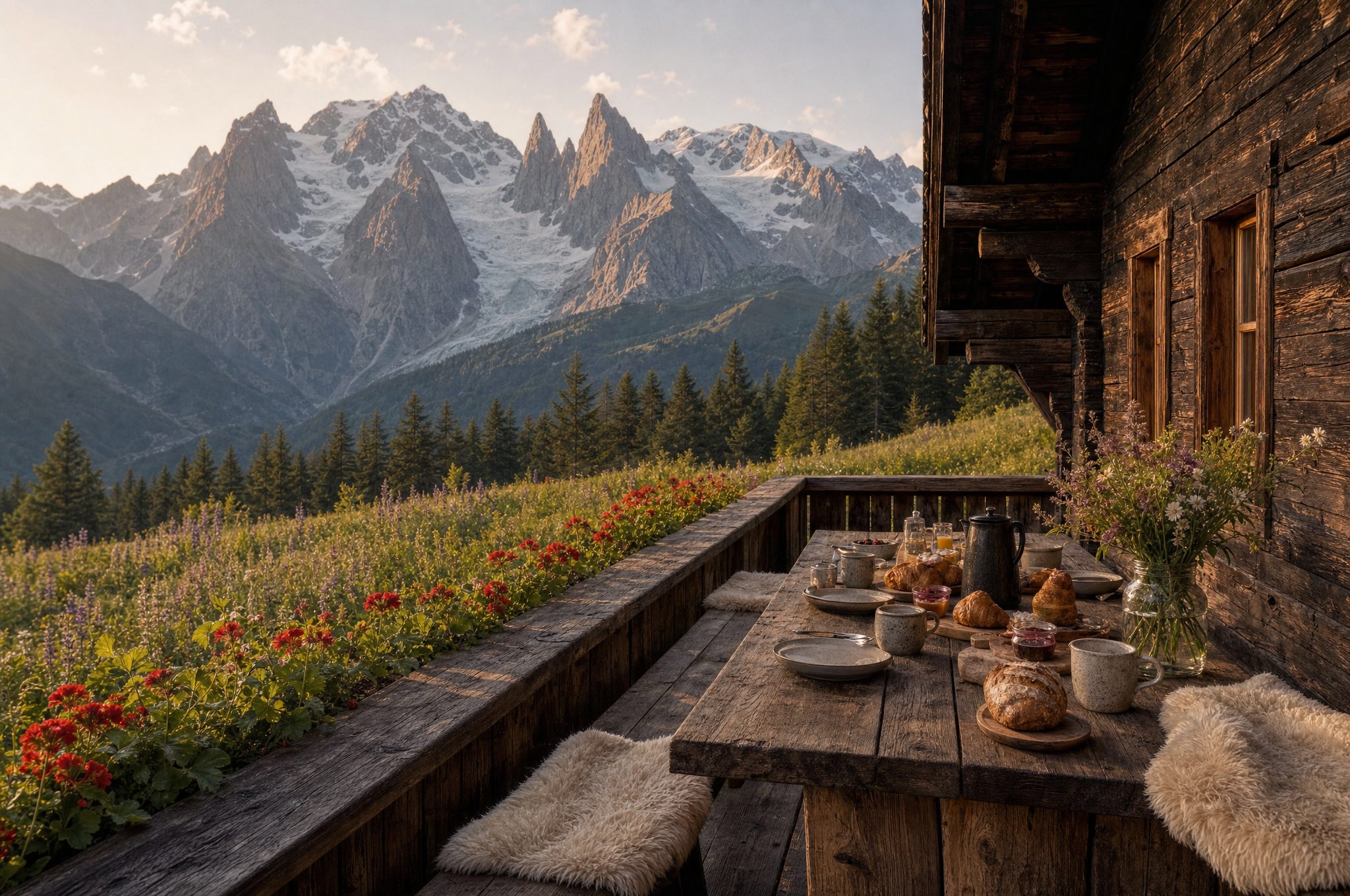 La table d'été dressée sur la terrasse, prairie et massif du Mont-Blanc